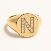 "N" 9ct yellow gold diamond set initial N signet ring